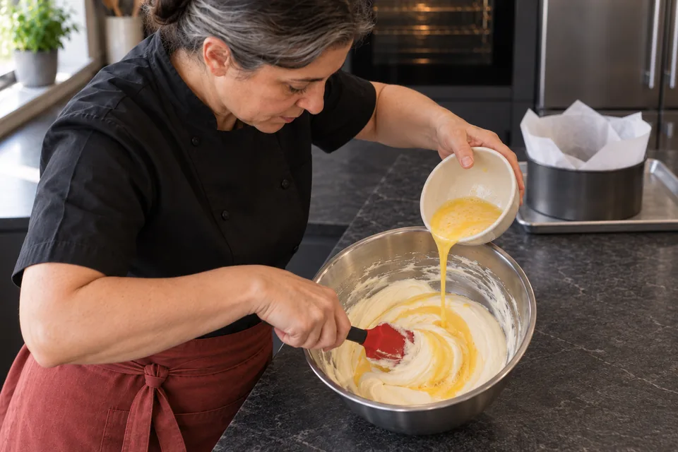From above, the cook pours one measured addition of beaten egg into smooth cream cheese while folding with a spatula.