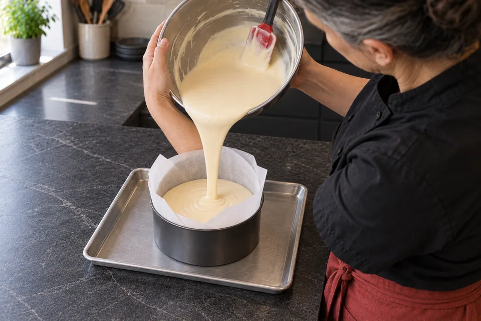 From above, the cook pours smooth pale cheesecake batter into a tall parchment-lined round tin.