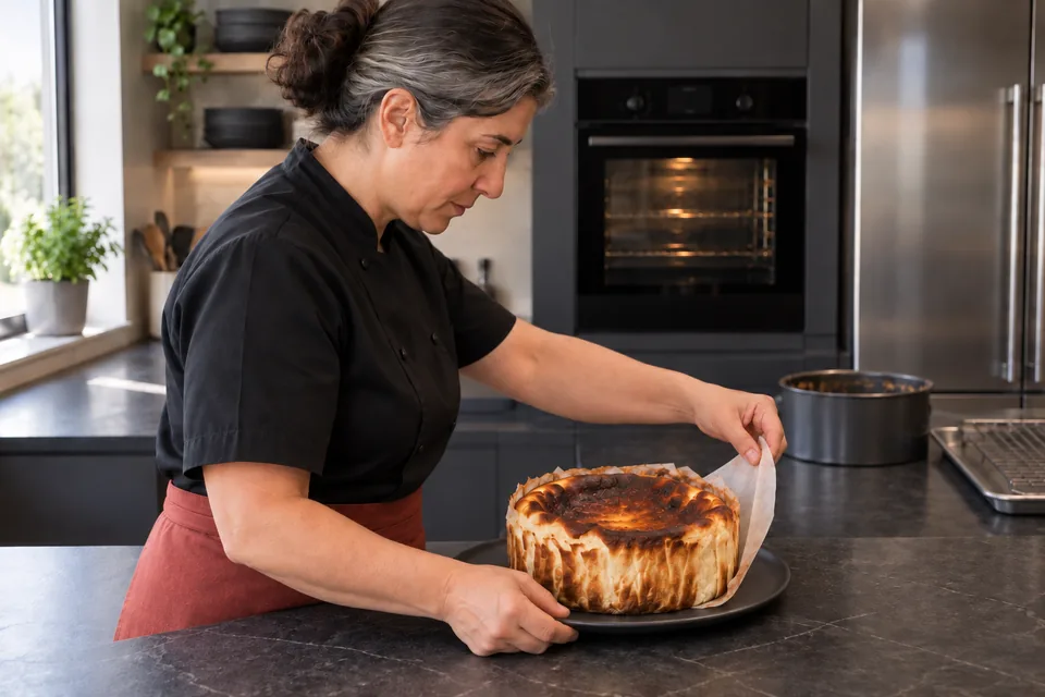 The cook peels parchment from a chilled, deeply browned Basque cheesecake on a charcoal-grey plate.