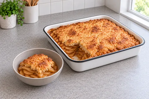 A spooned portion of golden apple cobbler beside the baking dish, showing tender apple slices and thick juices.