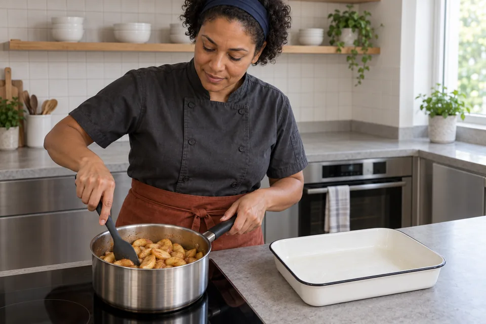 A cook stirs lightly softened apple slices in a stainless saucepan beside a rectangular baking dish.