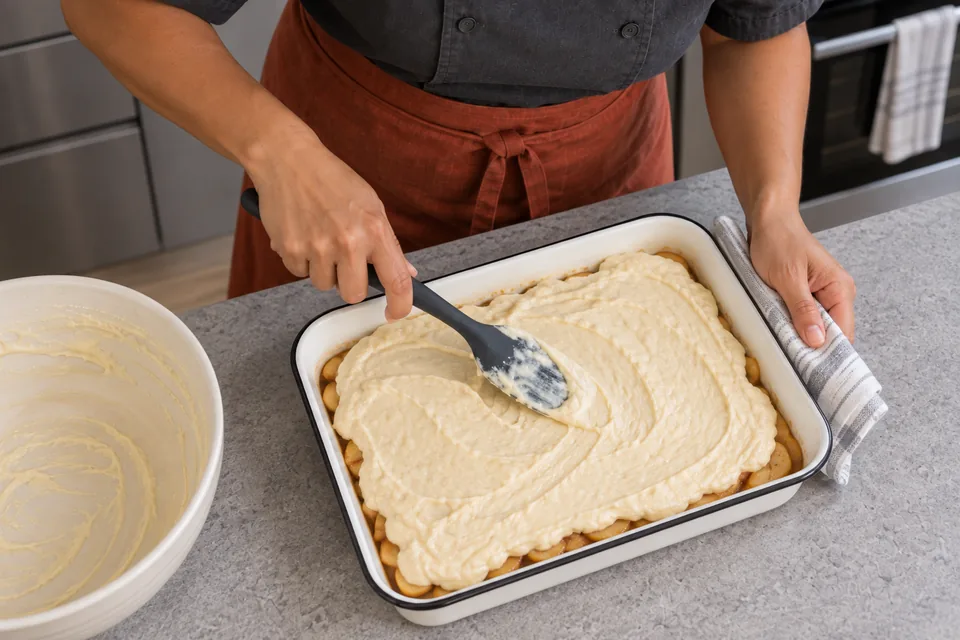 From above, the cook spreads thick batter over apples in a rectangular enamel baking dish.
