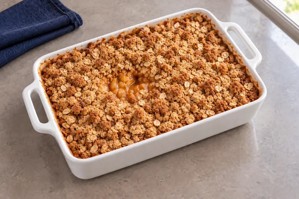 A rectangular dish of golden oat-topped apple crisp seen from an elevated angle.