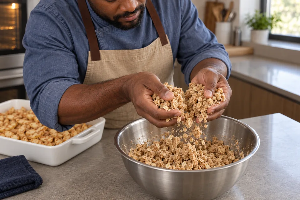 Two hands squeeze an oat crumble mixture into soft clumps over a metal bowl.