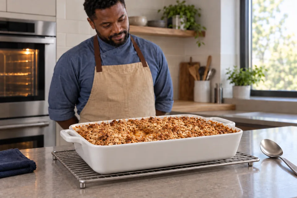 A whole golden apple crisp rests on a rack with a serving spoon beside the dish.