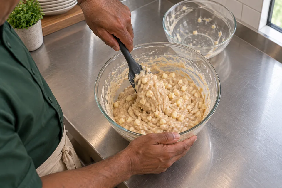From above, the cook folds small apple dice into thick cinnamon-speckled batter.