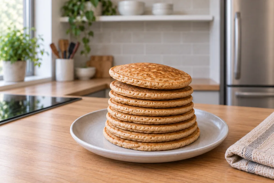 A close view of golden banana pancakes stacked on a pale-grey plate, with the top two whole pancakes slightly offset.