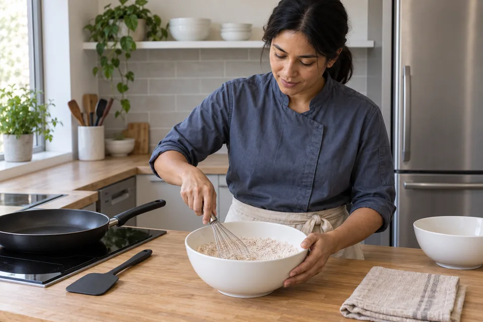 A cook in a slate-blue overshirt whisks a pale whole-wheat dry mixture in a white bowl.