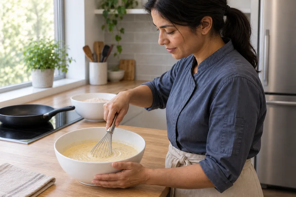 In side view, the cook whisks a creamy banana mixture with fine fruit fibres in a white bowl.