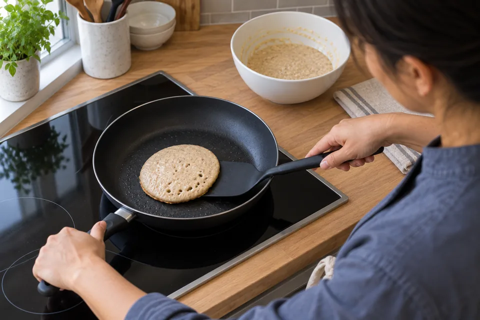 From above, a spatula slides beneath a banana pancake with small holes and set edges in a lightly oiled pan.