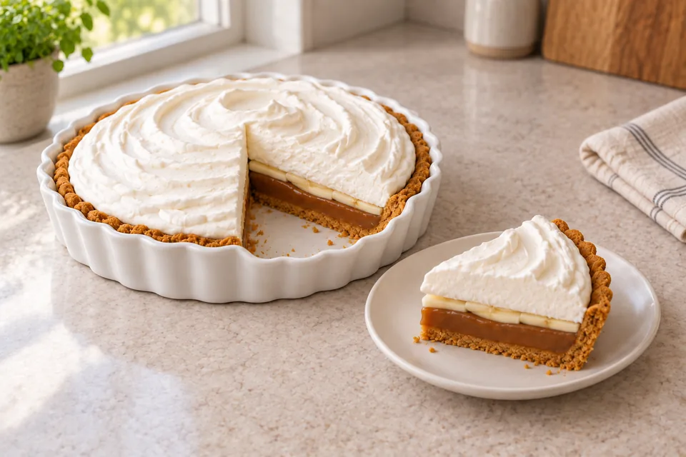 A chilled banoffee pie beside one matching slice that reveals crumb, caramel, banana and cream layers.