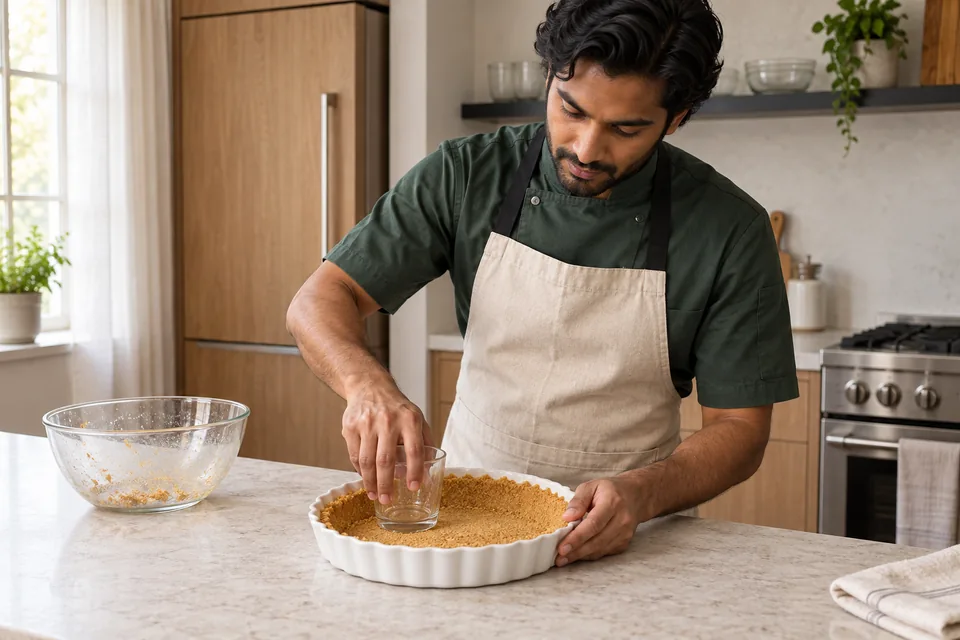 A cook presses a golden crumb crust into the base and sides of a white pie dish.