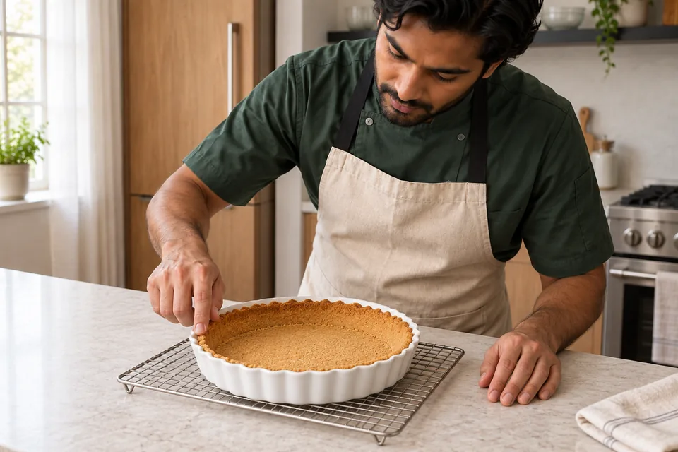 A cook lightly checks the firm edge of a cooled golden crumb pie shell on a rack.