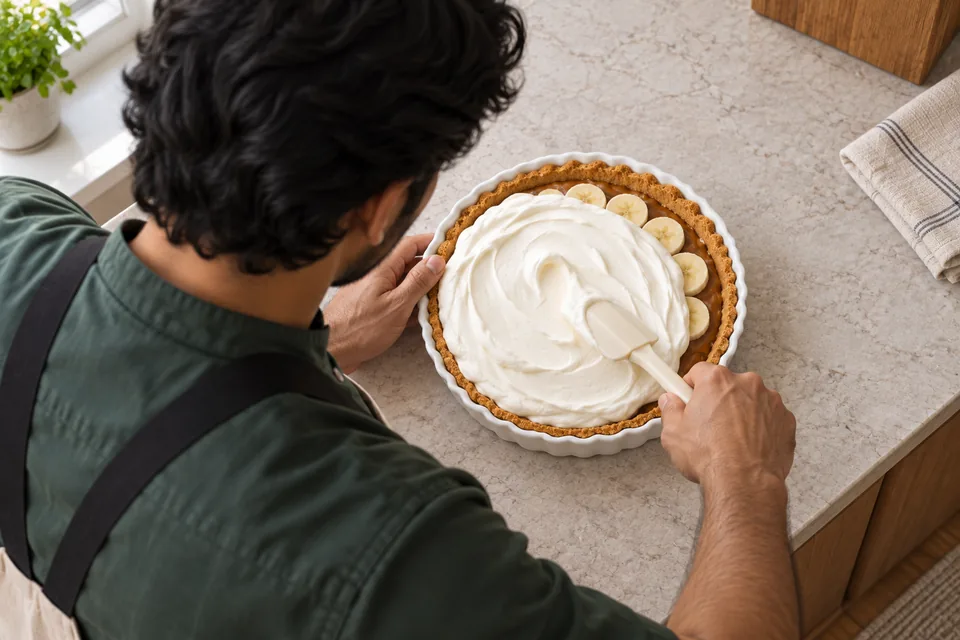A cook spreads soft whipped cream over banana slices and caramel in a cooled crumb shell.