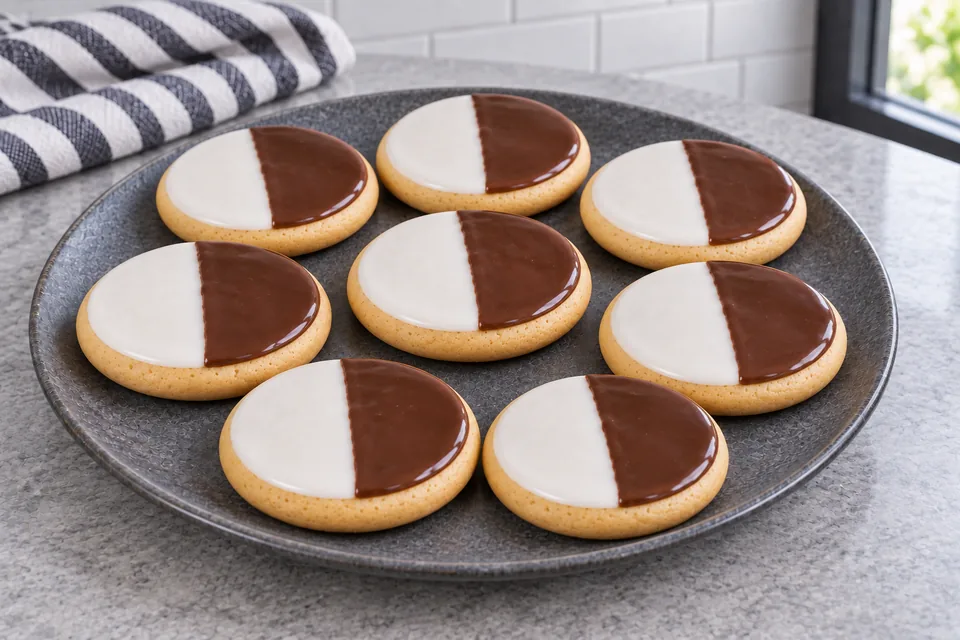 Round cookies arranged iced-side up with smooth white and chocolate halves divided down the centre.