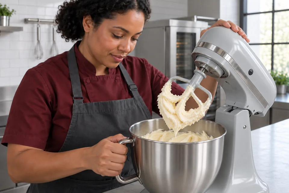 A cook checks pale fluffy creamed butter and sugar on a stand-mixer paddle.