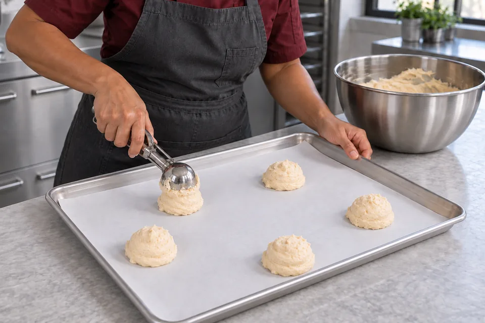 A hand releases a thick 50 g cookie-batter mound onto a widely spaced parchment-lined tray.