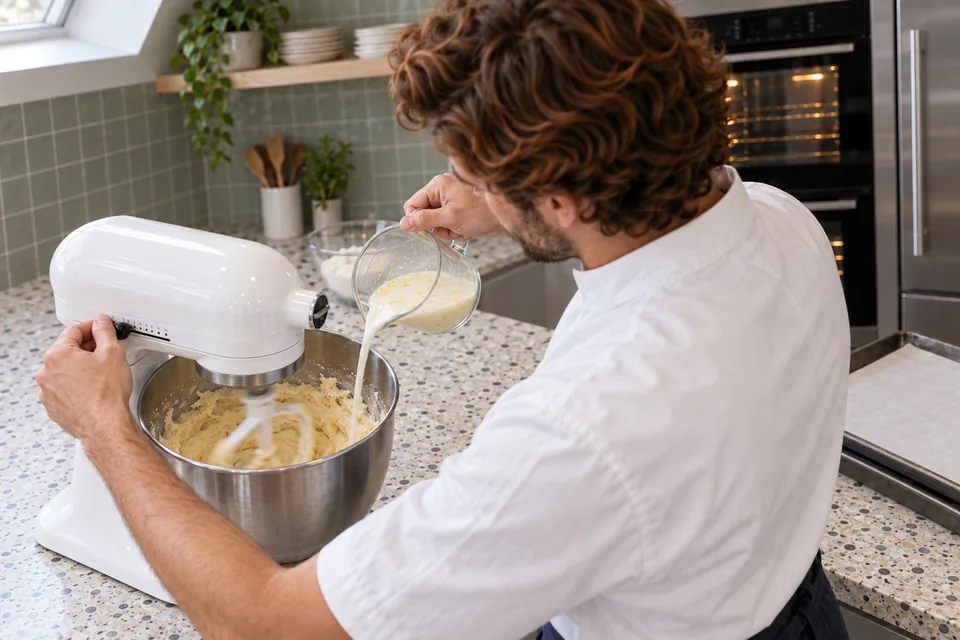Over the cook's shoulder, a milk-and-lemon mixture is poured into the smooth creamed cookie base in the mixer.