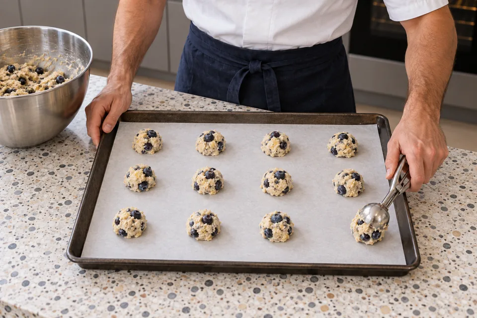 From above, the cook releases an even scoop of firm blueberry cookie dough onto a parchment-lined tray.