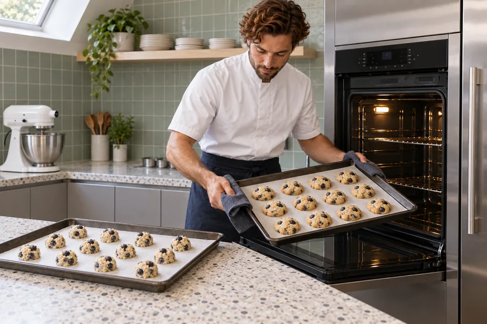 The cook removes one tray of blueberry cookies with set edges and soft centres while a second raw tray waits on the counter.
