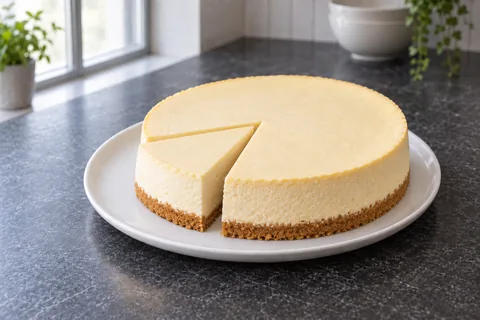 A plain baked cheesecake with one clean wedge eased outward to show its creamy centre and crumb base.
