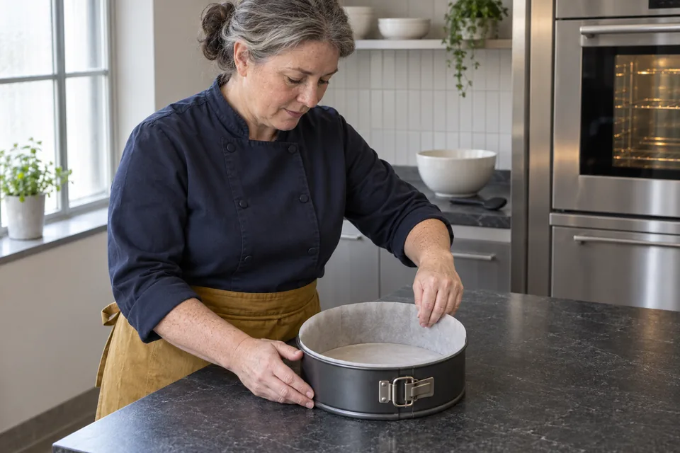 A cook smooths a parchment collar inside an empty dark springform tin.