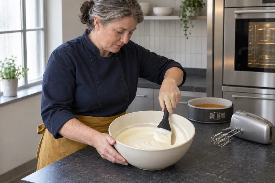 A cook scrapes smooth ivory cheesecake filling from the side of a bowl while a switched-off hand mixer rests aside.