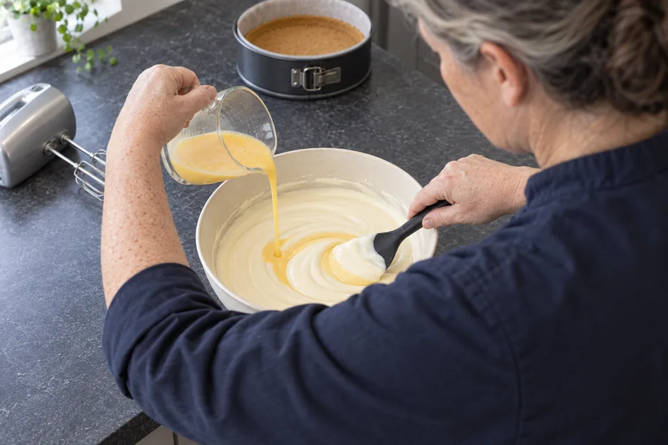 A cook pours lightly beaten egg into smooth cheesecake filling while stirring slowly with a spatula.