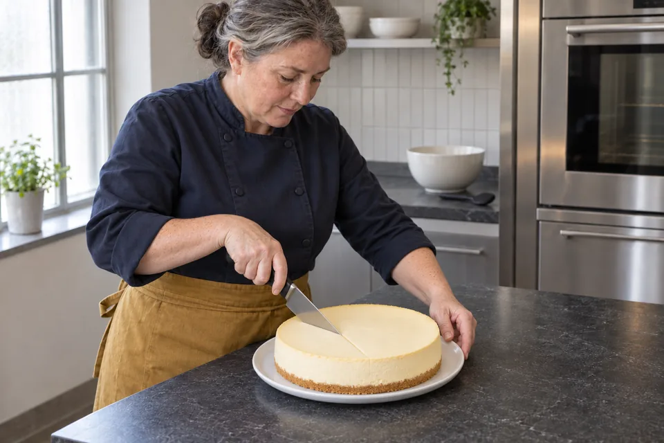A cook begins slicing a firm chilled cheesecake with a plain crumb crust.