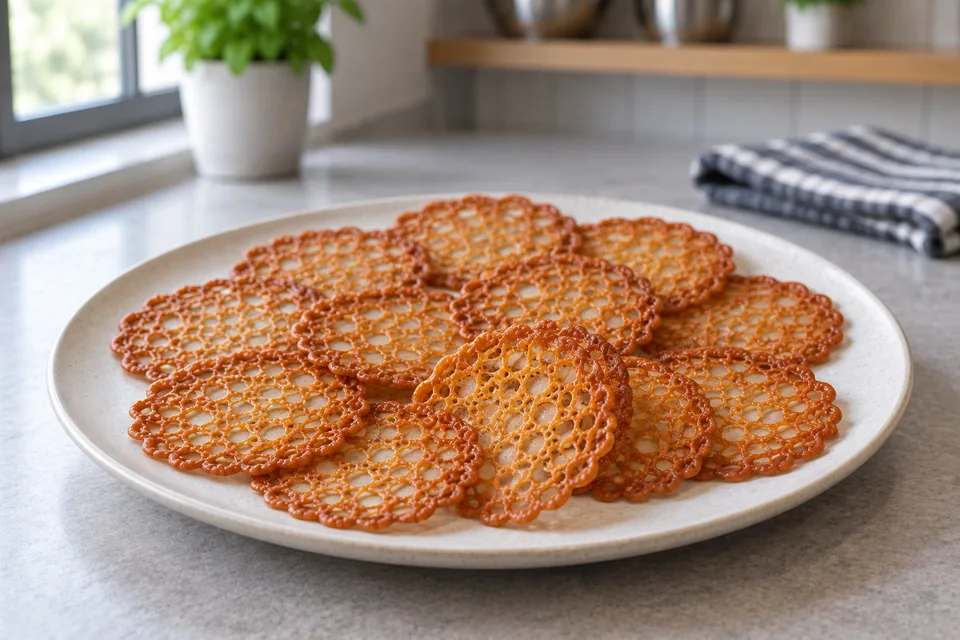 A plate of thin caramel-golden almond lace cookies with irregular open bubbles.