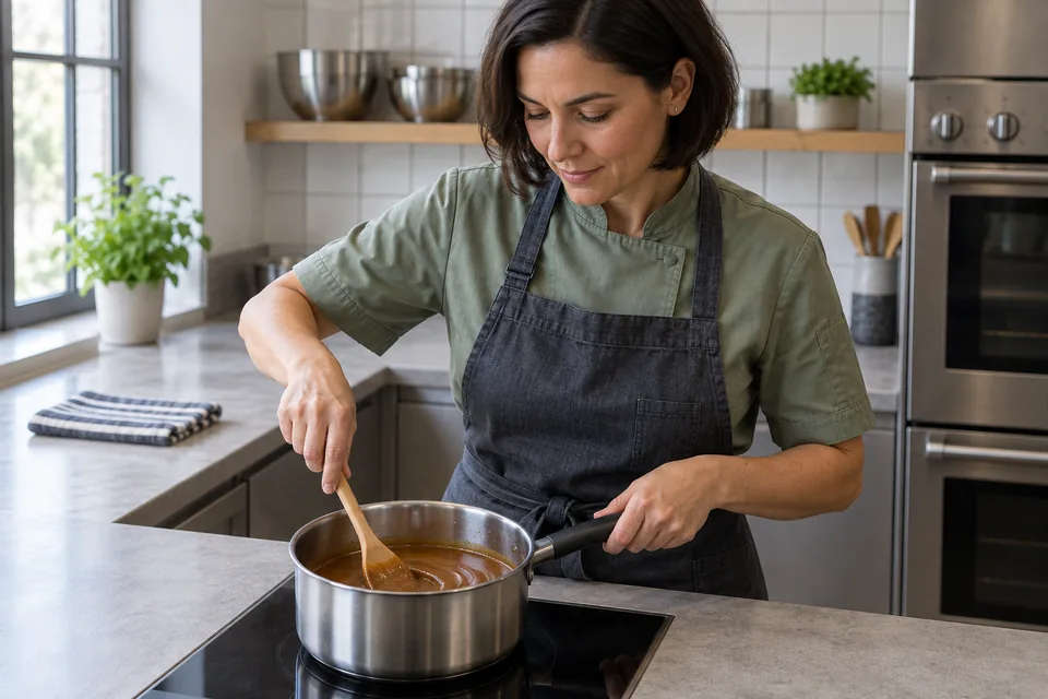A cook stirs a glossy ground-almond mixture in a small stainless saucepan.