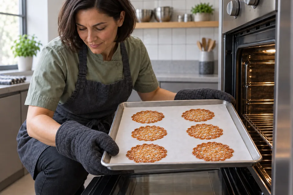 A cook removes a tray of six thin golden lace cookies from the oven using mitts.
