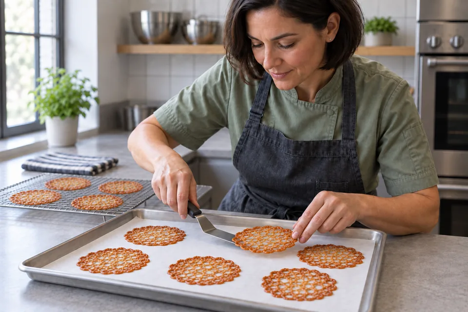 A cook carefully lifts one thin lace cookie from parchment toward a cooling rack.