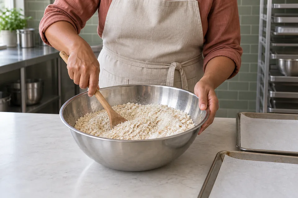 A cook stirs rolled oats, flour, coconut and sugar in a stainless mixing bowl.