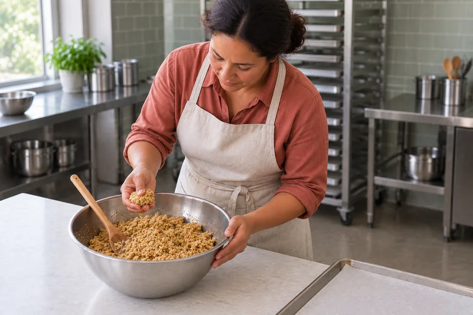 Cook leaning over a bowl and squeezing a portion of oat mixture to check that it holds together.