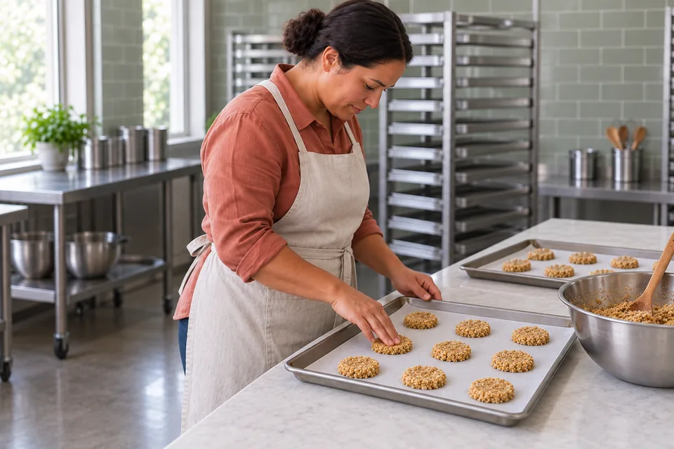 Cook standing along the bench and bending slightly to flatten oat biscuits on a lined tray.