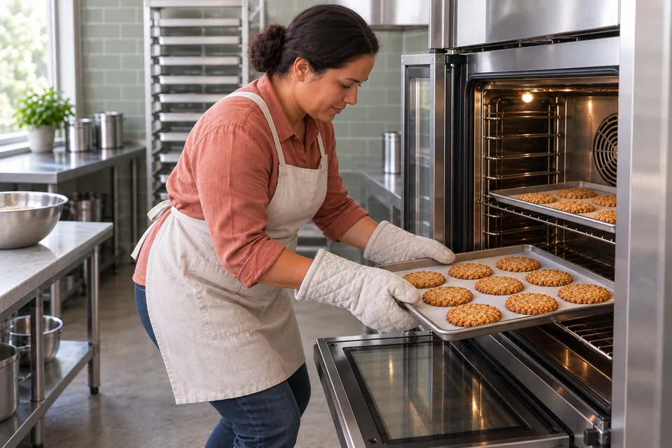 Cook bending toward the oven, using two oven mitts to move a tray of golden oat biscuits.