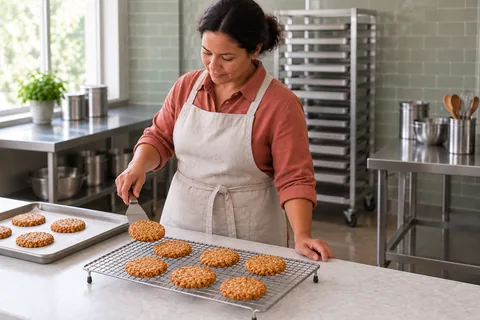 Cook standing at the cooling bench, transferring a golden oat biscuit onto a wire rack with a spatula.