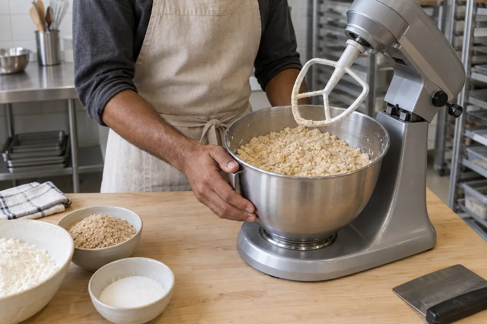 A stopped mixer with its paddle raised above a bowl of sandy flour, hazelnut and butter crumbs.