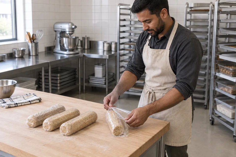 A pastry cook seen from the side wraps one of four hazelnut dough logs at the bench.