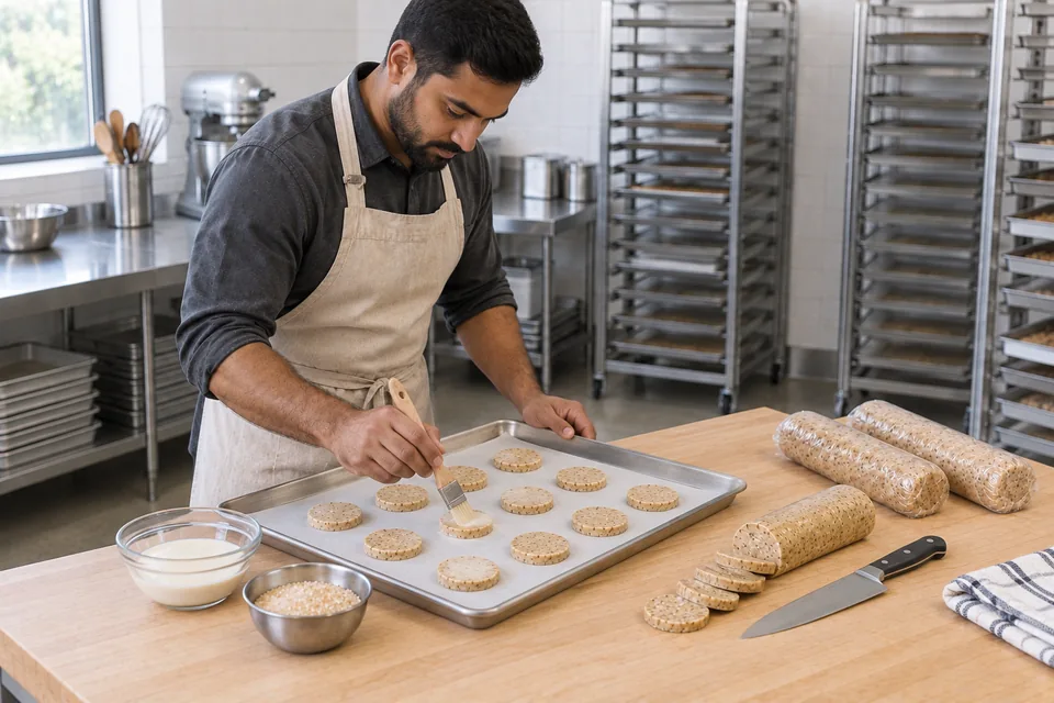 The cook leans over a lined tray to brush cream onto thin raw hazelnut cookie rounds.