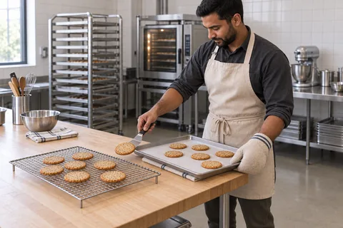 Standing beside the cooling rack, the cook transfers a golden cookie with a turner while steadying the tray with an oven mitt.