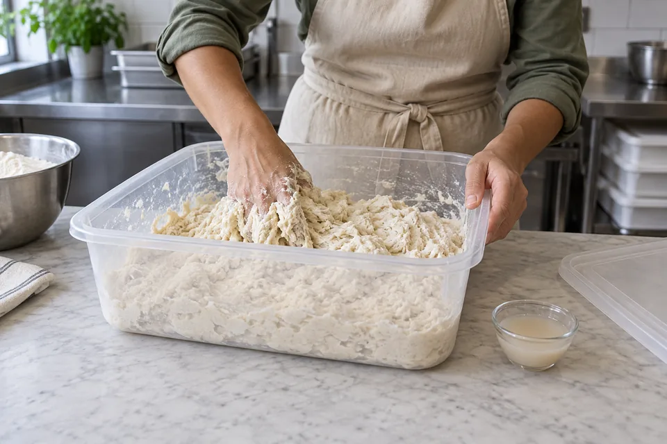 A hand mixing rough flour-and-water dough in a clear tub, with a separate small bowl of yeast water.