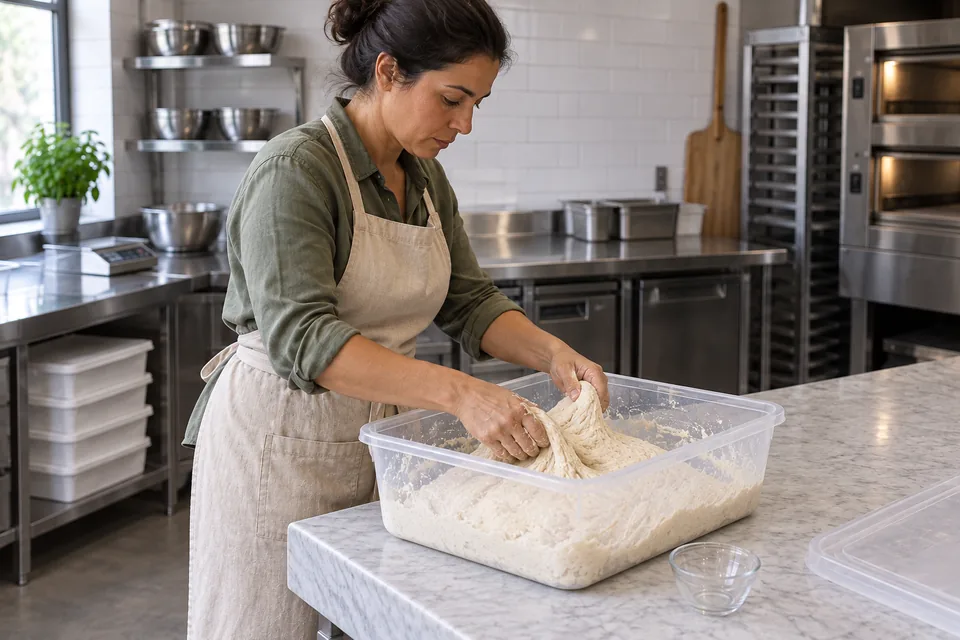 The cook leans over a clear tub, pinching and folding the pizza dough after adding the salt and reserved yeast water.