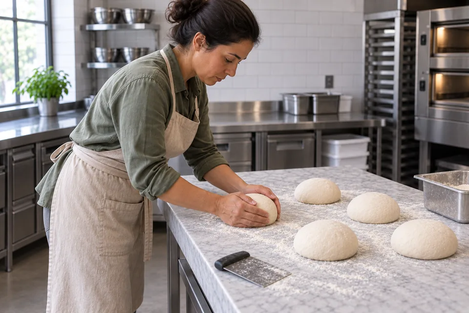 Seen from the side, the cook cups one dough ball on the bench beside four equally sized balls.