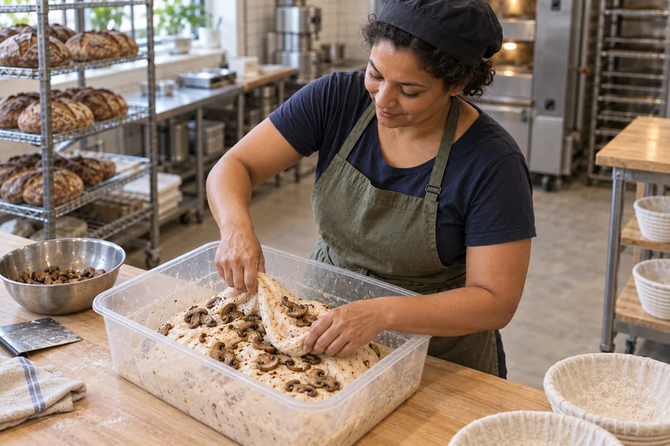 Cooled mushrooms, olive oil and smoked paprika are folded into the dough.