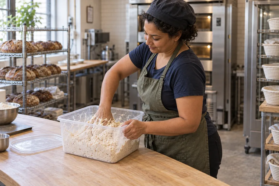 Seen from the side, the baker mixes rough pale wheat dough by hand in a clear rectangular tub.