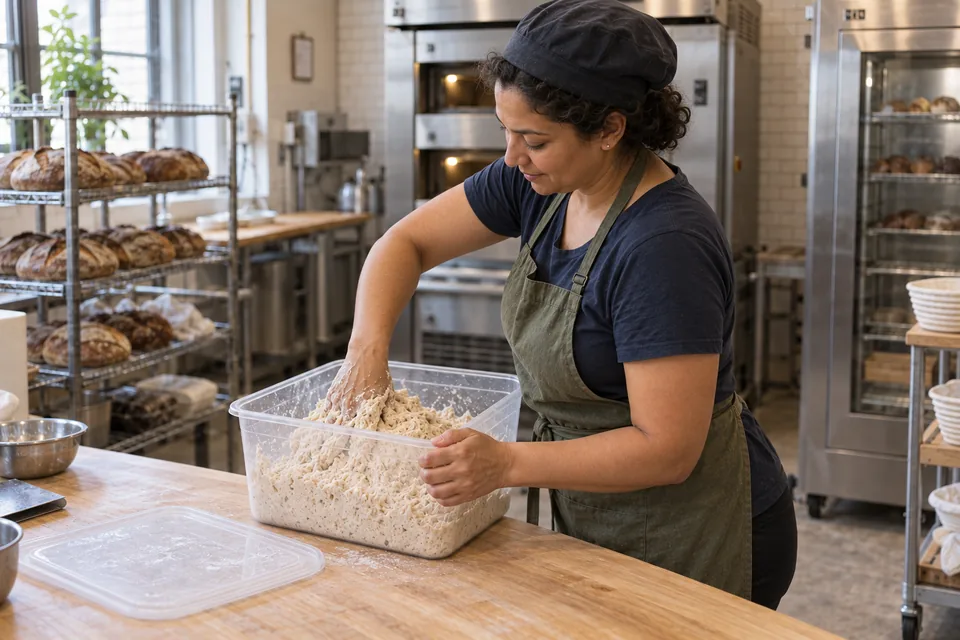 Seen from the side, the baker mixes rough finely flecked wheat and wholegrain dough by hand in a clear rectangular tub.