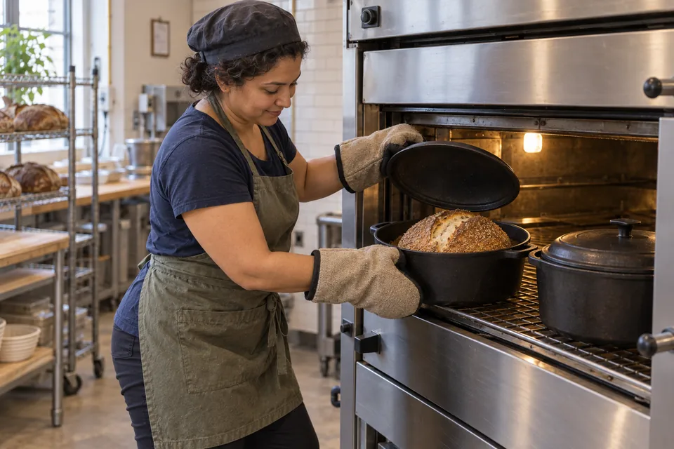 Using dry oven mitts, the baker lifts a lid to reveal a naturally split bran-coated loaf, with a second covered pot nearby.