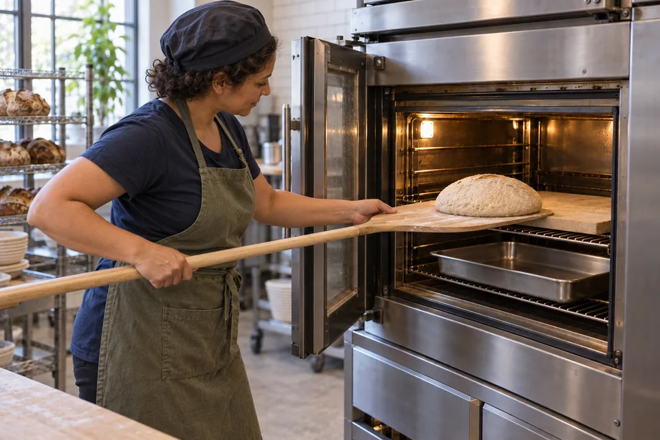 Baker sliding one large round loaf from a wooden peel onto the baking stone.